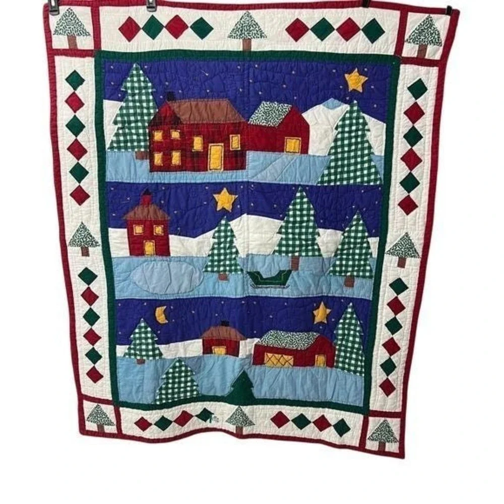 Folk Art Winter Village‎ Appliqué Quilt Handmade Cottagecore 50x57